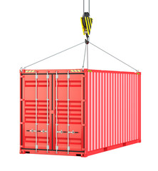 Crane hook and red cargo container. Isolated
