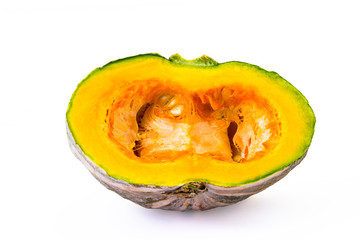 Half-cleaved Kabocha squash isolated on white background and clipping path