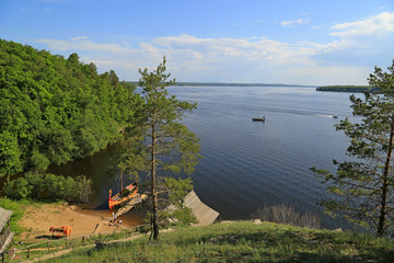 View from the mountain to the bay and sailing boat