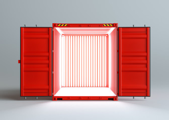 Fototapeta premium Open red cargo container with light inside