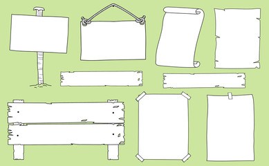 Hand drawn set of signs and notices isolated on background