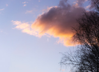 Fototapeta premium in the distance the plane flies right into a big cloud at sunset 