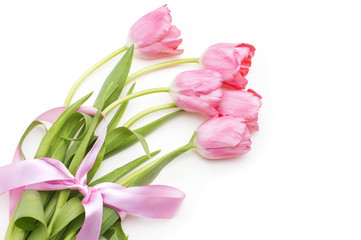 bunch of pink tulips on white