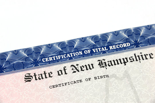close up on birth certificate of New Hampshire state