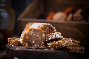 candy of dried fruits and nuts, useful and healthy home made sweets
