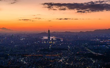 Sunset the seoul city and Downtown skyline in Seoul, South Korea