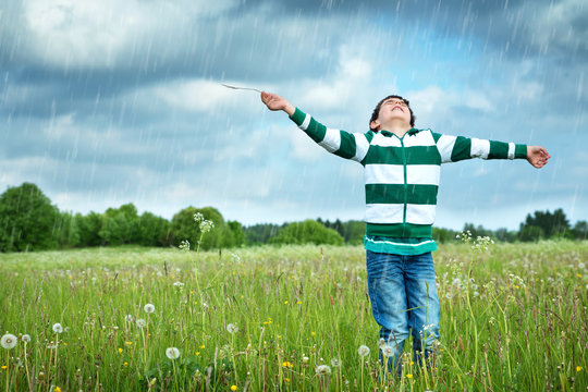 Happy child on the field with dandelions. Boy looking to the sky in summer outdoors