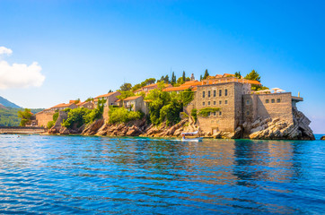  Sveti Stefan, old historical town and resort on the island. Montenegro.