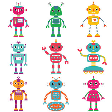 Robots, set of nine cute characters