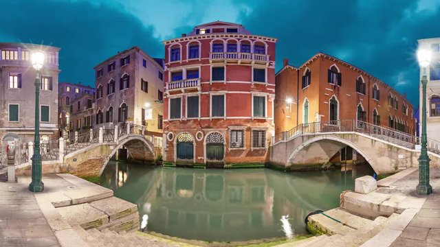 Two bridges and red mansion in the evening on piazza Manin square, Venice, Italy (static image with animated sky and water)

