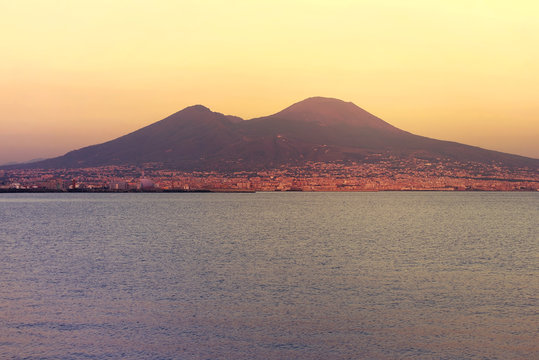 An amazing  evening in Naples, Tyrrhenian Sea and Mount Vesuvius over city