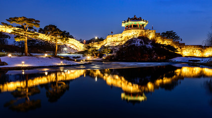 Fototapeta na wymiar Reflection of Suwon Hwaseong fortres in Suwon.Korea
