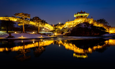 Reflection of Suwon Hwaseong fortres in Suwon.Korea
