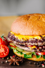 Closeup of double burger made from vegetables and beef