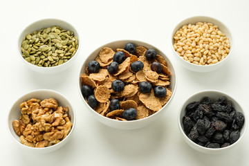 Healthy food. Multi grain flakes and nuts for breakfast.