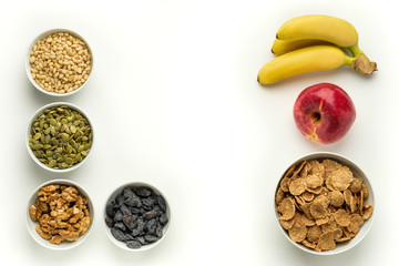 Healthy food. Multi grain flakes, nuts and fruits for breakfast.