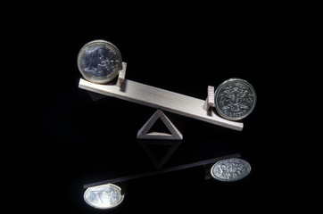 Coins of the euro and a pound on a wooden swing. The appreciation of the pound.
