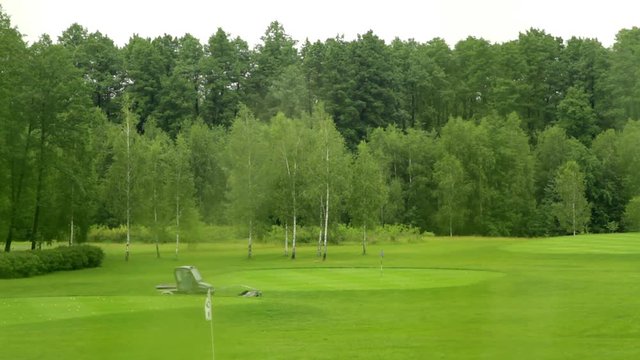 Special car collecting balls on the golf course. Static camera shot.