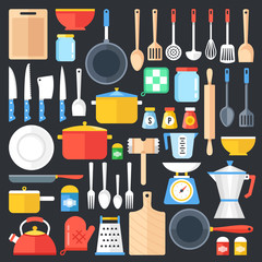 Kitchen utensils set. Kitchenware, cookware, kitchen tools collection. Modern flat icons set, graphic elements, objects. Flat design concept. Vector illustration