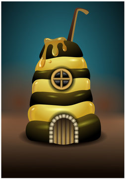 Honey house like a beehive, for child's tales or book covers. Vector illustration