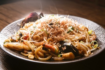 Stir-fried Seafood Udon. Japanese style noodles. 해물볶음우동