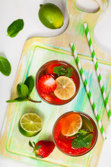 Strawberry Lime Lemonade Summer Drink. Selective focus.