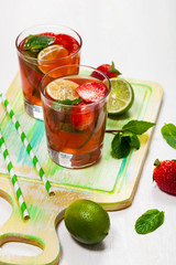 Strawberry Lime Lemonade Summer Drink. Selective focus.