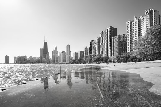 Black and white picture of Chicago waterfront skyline in the morning, view from the Michigan Lakefront, Illinois, USA. 