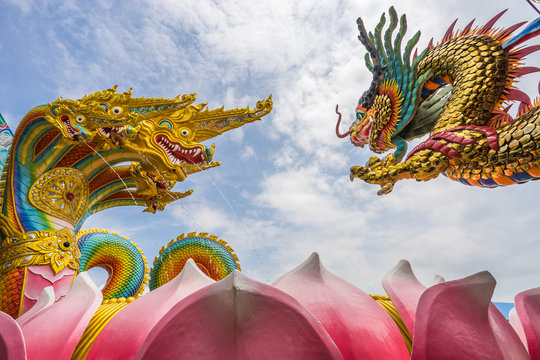 Chinese dragon with Thai King of naga statue