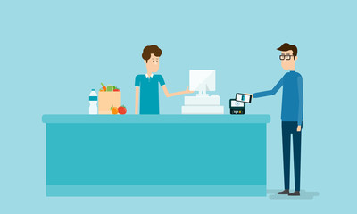 business mobile payment and mobile wallet  concept with people on counter
