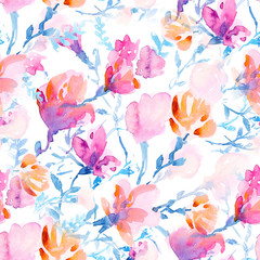 Seamless floral pattern with sakura and magnolies in watercolor style