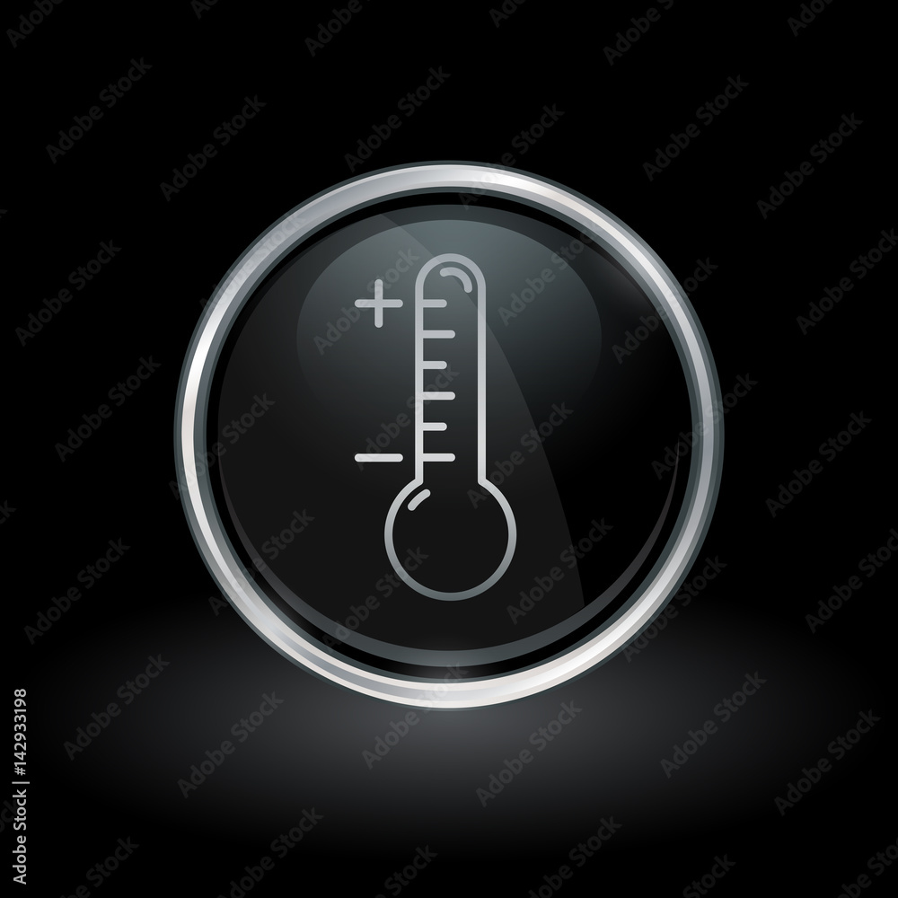Wall mural temperature test instrument symbol with thermometer icon inside round chrome silver and black button