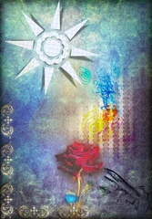 Fotobehang Verbeelding Red rose in the blue starry sky and sun  © Rosario Rizzo