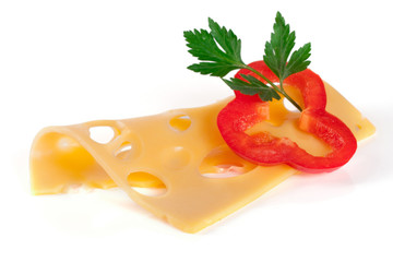cheese slice with leaf parsley and bell pepper isolated on white background cutout