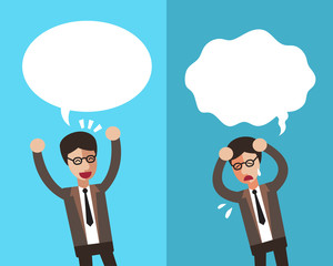 Cartoon a businessman expressing different emotions with speech bubbles