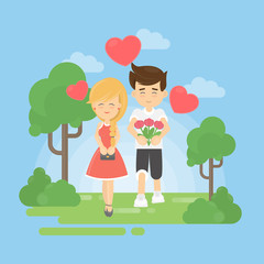 Romantic dating in park. Young happy couple walks in park. Green landscape. Bunchof roses in guy's hands. Shy girl. Red hearts.