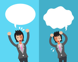 Cartoon a businesswoman expressing different emotions with speech bubbles