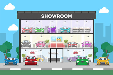 Automobile showroom building on white background. Cars, salesmen and visitors.