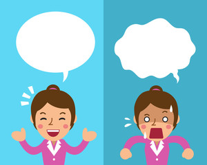 Cartoon businesswoman expressing different emotions with white speech bubbles