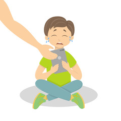Fototapeta premium Crying boy with tablet. Parents give tablet away from computer addicted boy.