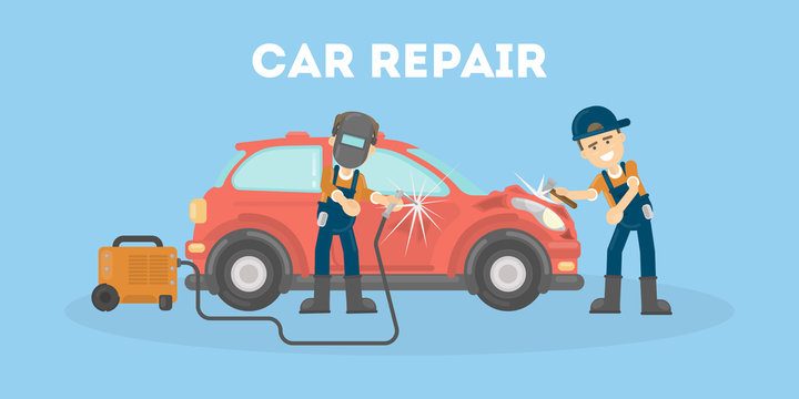Car repair service. People in uniform repair the broken car.