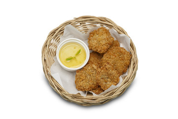 Asian food. Deep-Fried Shrimp Cake with Sweet Chili Sauce (Taud Man Goong) on isolated  white background