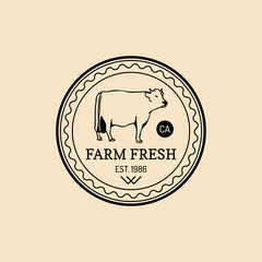 Vector retro farm fresh logotype. Organic premium quality products badge. Eco food sign. Vintage hand sketched cow icon.