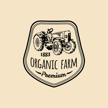 Vector retro family farm logotype. Organic premium quality products logo. Vintage hand sketched tractor icon.