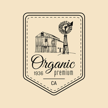 Vector retro family farm logotype. Organic premium quality products badge. Vintage hand sketched barn and windmill icons