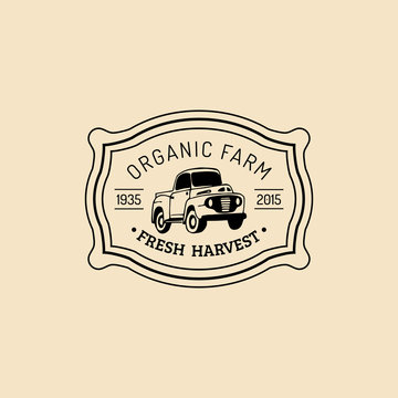 Vector retro farm fresh logotype. Organic quality products badge. Eco food sign. Vintage hand sketched pickup truck icon
