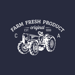 Vector retro family farm logotype. Organic premium quality products logo. Vintage hand sketched tractor icon.