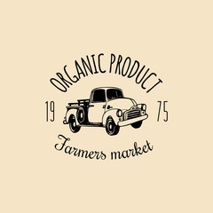 Vector retro farm fresh logotype. Organic quality products badge. Eco food sign. Vintage hand sketched pickup truck icon