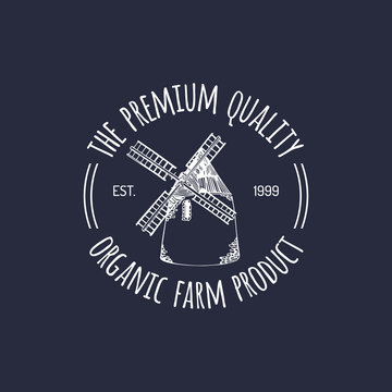 Vector retro family farm logotype. Organic premium quality products sign. Vintage hand sketched windmill icon.
