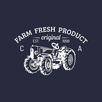 Vector retro family farm logotype. Organic premium quality products logo. Vintage hand sketched tractor icon.